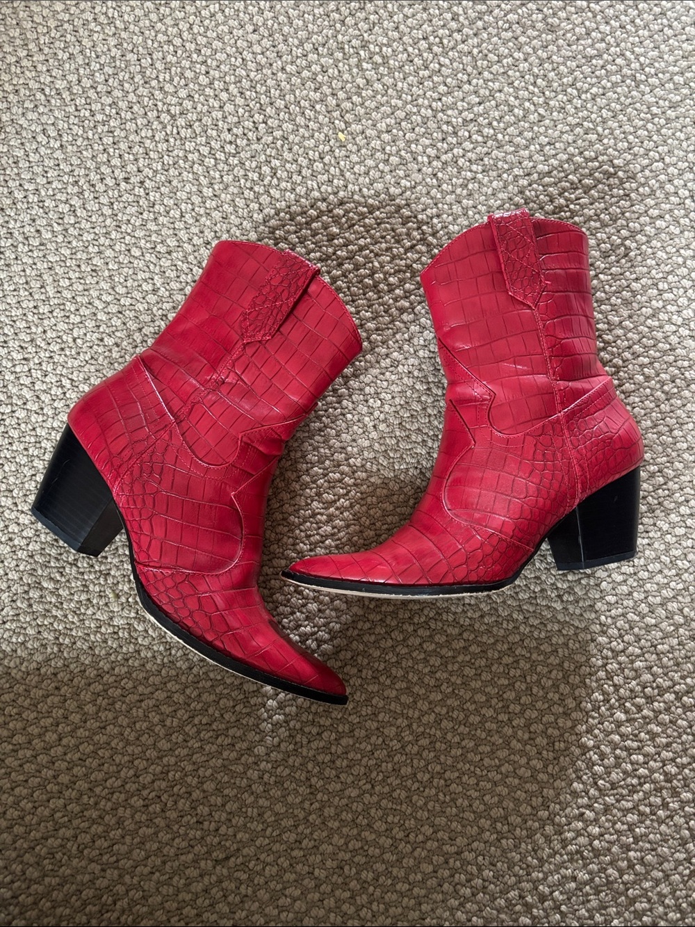 Free People Red Croc-Embossed Mid-Calf Western Heeled Boots